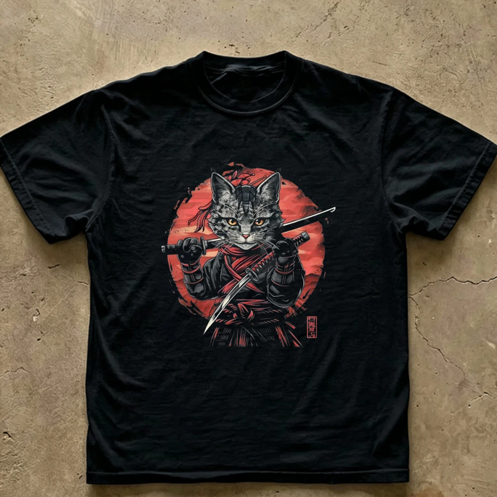 Samurai Ninja Cat Graphic T‑Shirt Japanese Warrior Kitten Katana Sword Art Print O‑Neck Short Sleeve Soft Cotton Loose Tee Tops