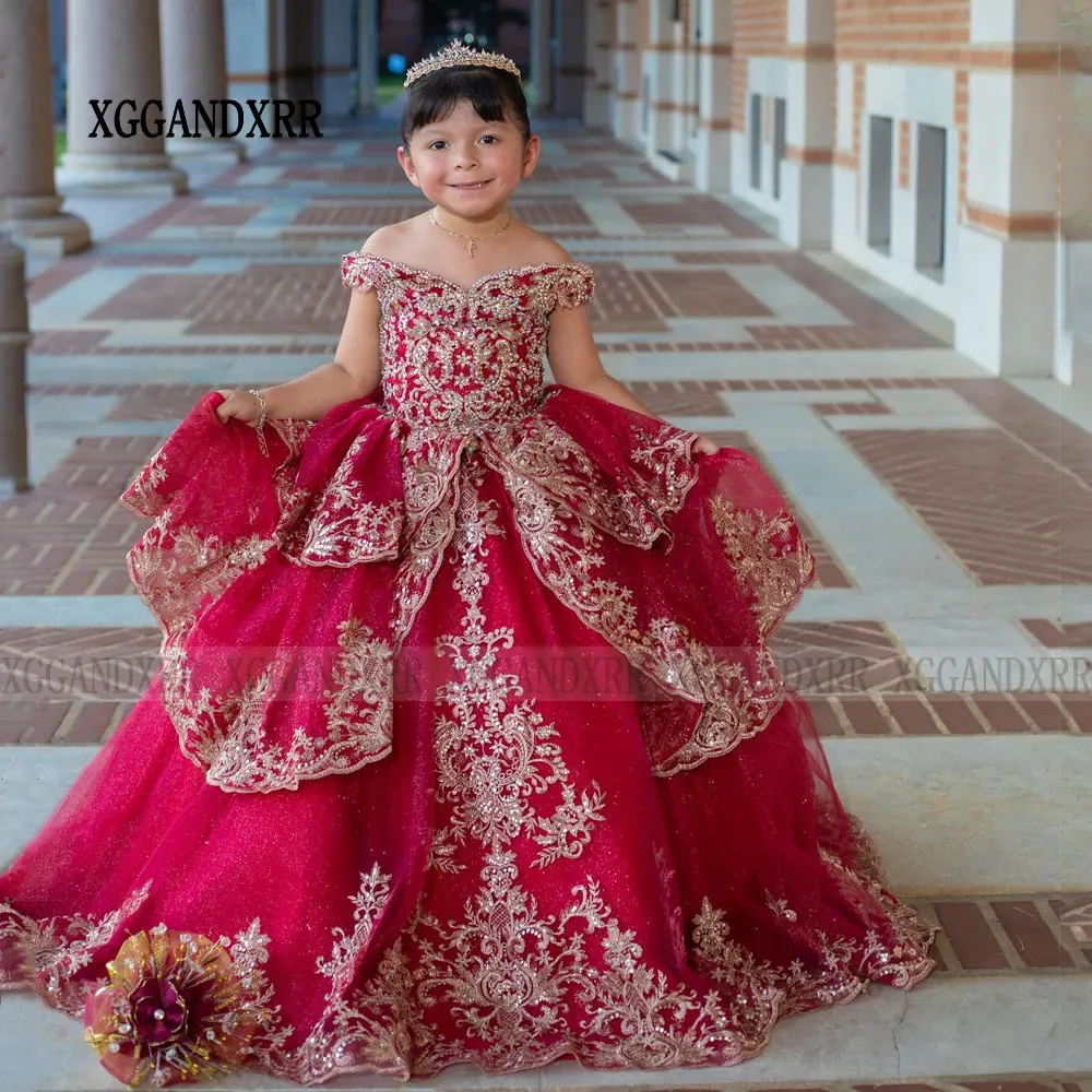 Mini robe de Quinceanera de style arabe saoudien pour petite fille, robes de demoiselle d\'honneur rouge vin sur mesure, robe de princesse pour fête