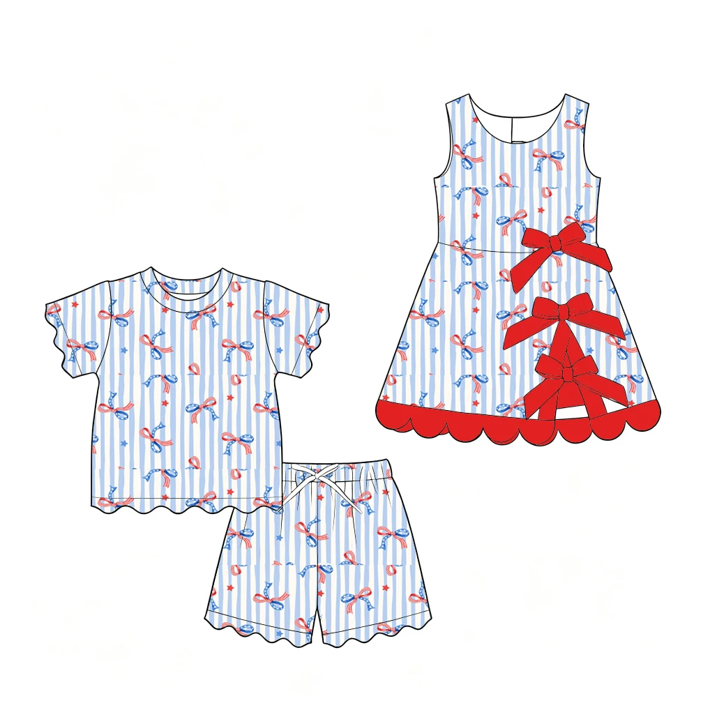 July 4th Independence Day Bow Print New Shell Trim Short-Sleeve Shorts Set Girls Summer Boutique Dress and Set