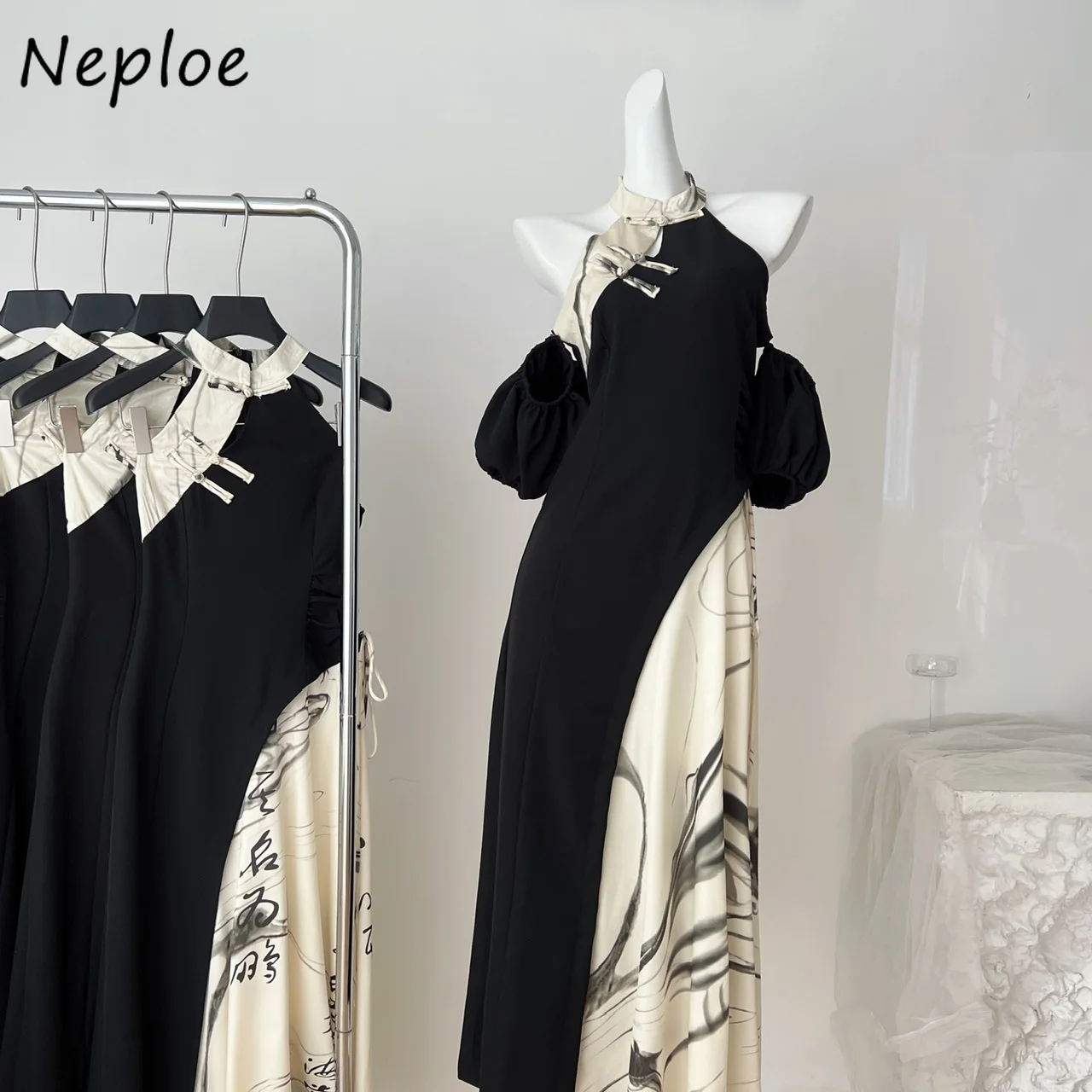 

Neploe New Chinese Style Print Panelled Mujer Frog Slim Waist Cheongsam Mid-length Dress Off Shoulder Puff Sleeve Elegant Robe