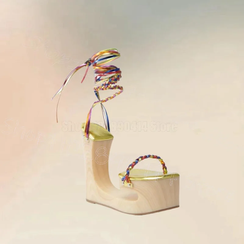 

Colorful Knitted Design Wooden Strange Style Heel Sandals Lace Up Women Shoes Novel Party Feast Dating 2025 Zapatos Para Mujere