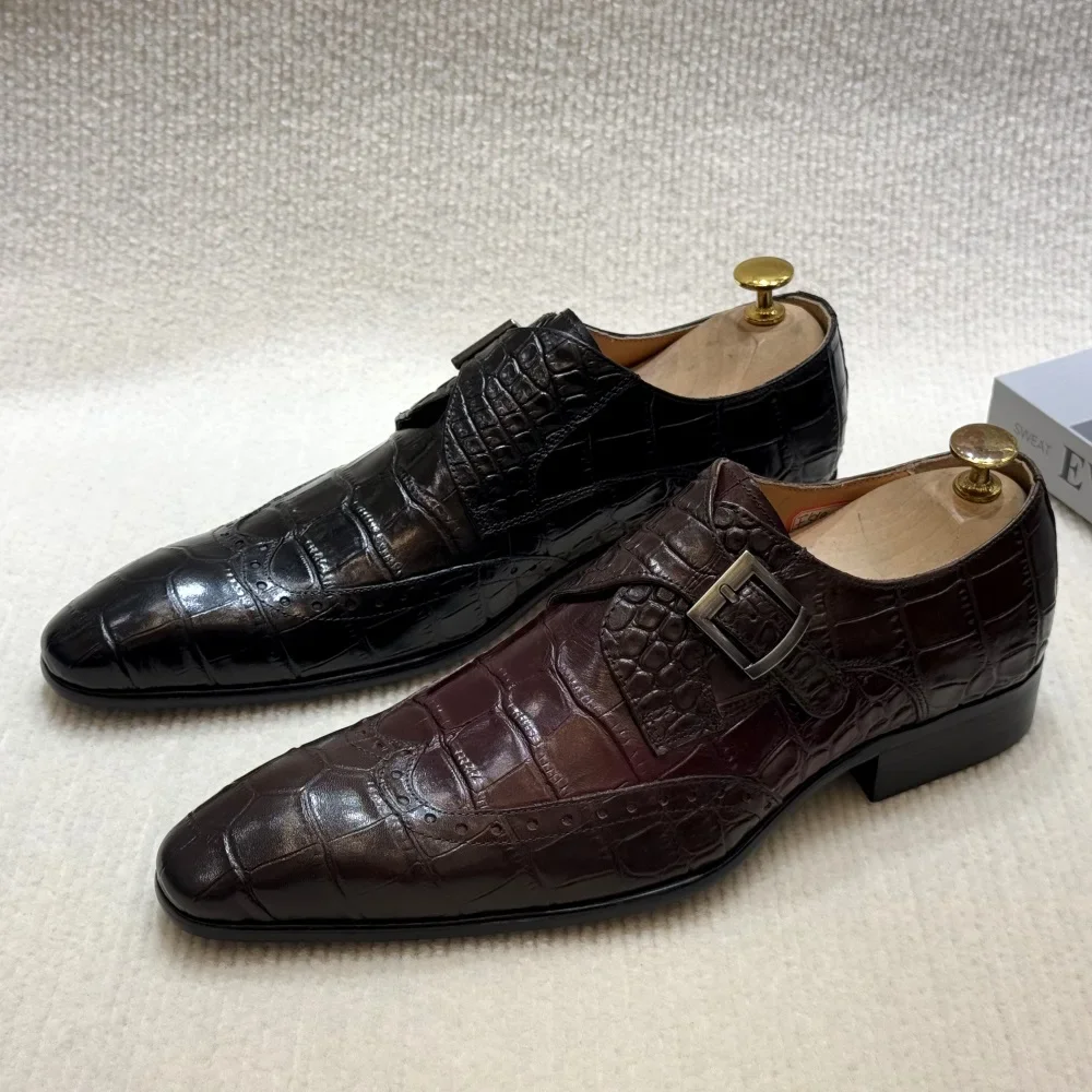 FELIX CHU Mocasines formales sin cordones de cuero genuino para hombre Zapatos de vestir de boda Brogue con punta de ala Detalle de hebilla para banquete de fiesta