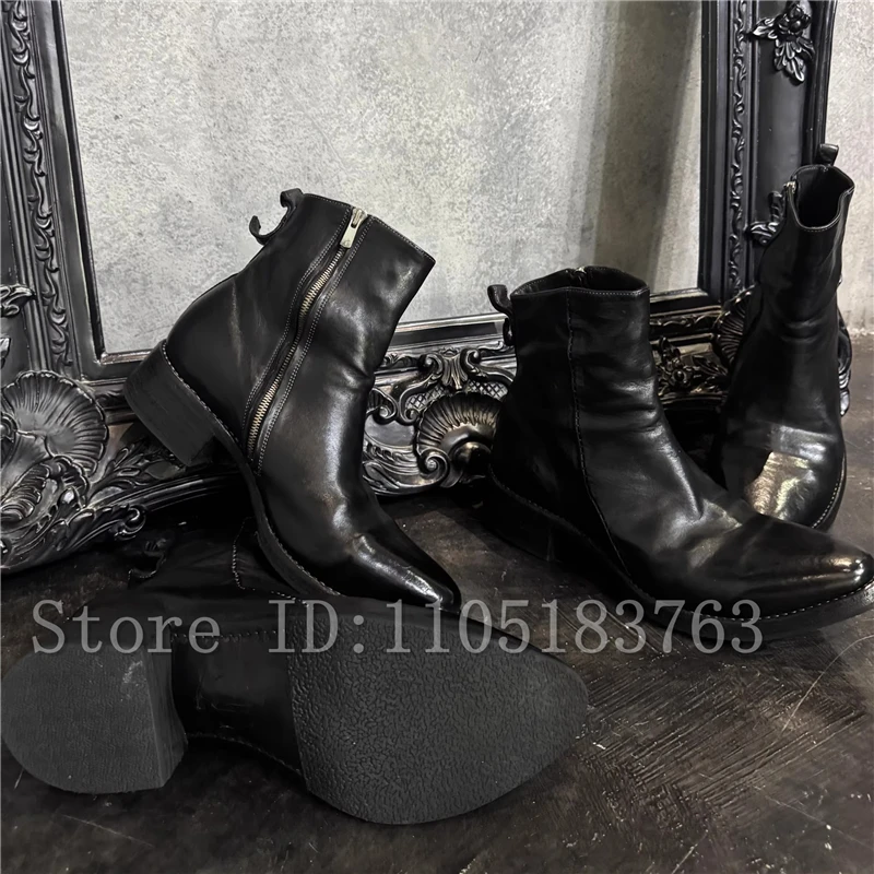

Men New Black Soft Leather Short Knight Boots Concise Design Round Toe Side Zipper Thick Heels Pleated Chelsea Boots