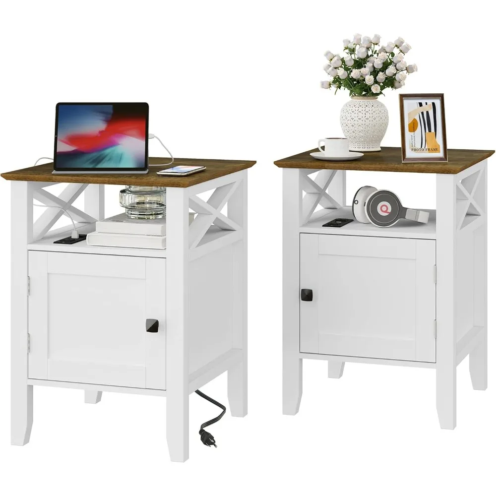 

Night Stands Set of 2, Bedside Table Set 17.8" D x 17.8" W x 24" H White End Table with Charging Station Farmhouse Night Stand w