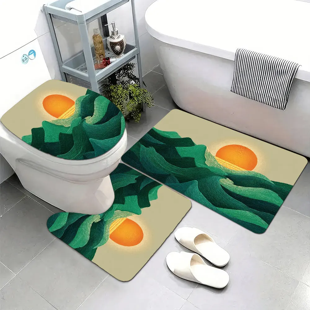 

Set of 3 Ultra-Soft Bathroom Floor Mats with Non-Slip Backing, Featuring a Flat Design of Green Ocean Waves And a Sunset, Perfec