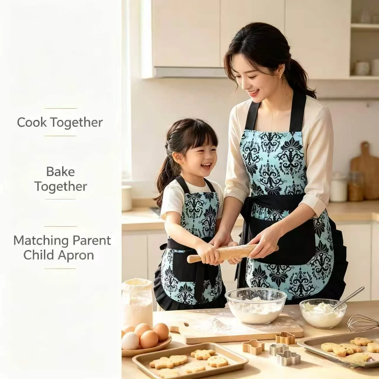 Blue Damask Print Matching Mother Daughter Cotton Apron Set Tie Neck Ruffled Kitchen Apron With Pocket Parent Child Cooking