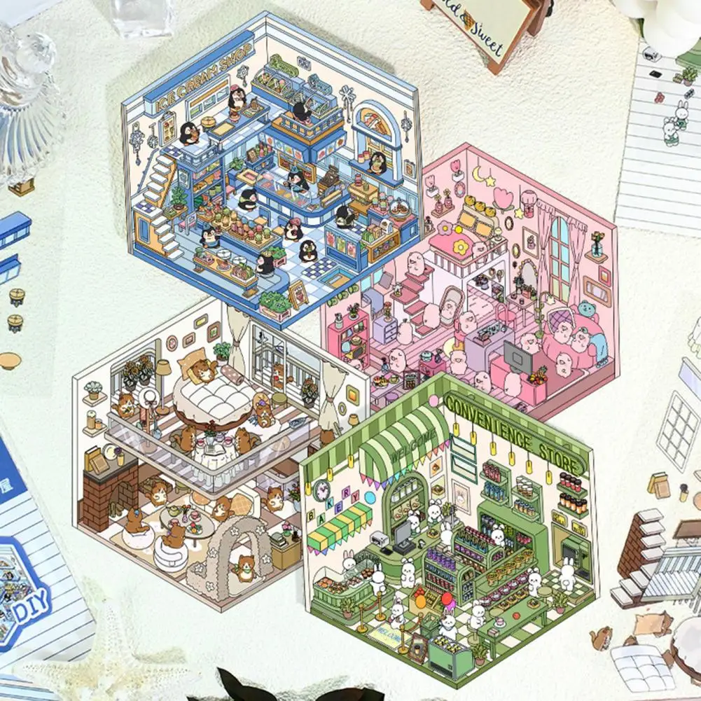4 Sets DIY 3D House Stickers Reusable Korean Stickers Miniature Scene Stickers Mini Room Scenes Coated Surface Sticker