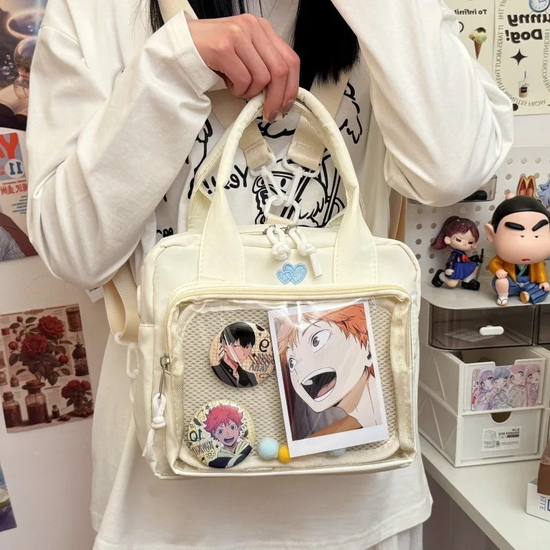 Y2K Women Ita Backpacks Fashion DIY Badge Knapsack Cute Girl Transparent Pocket Casual Nylon Shoulder Bag Crossbody Bag Handbags