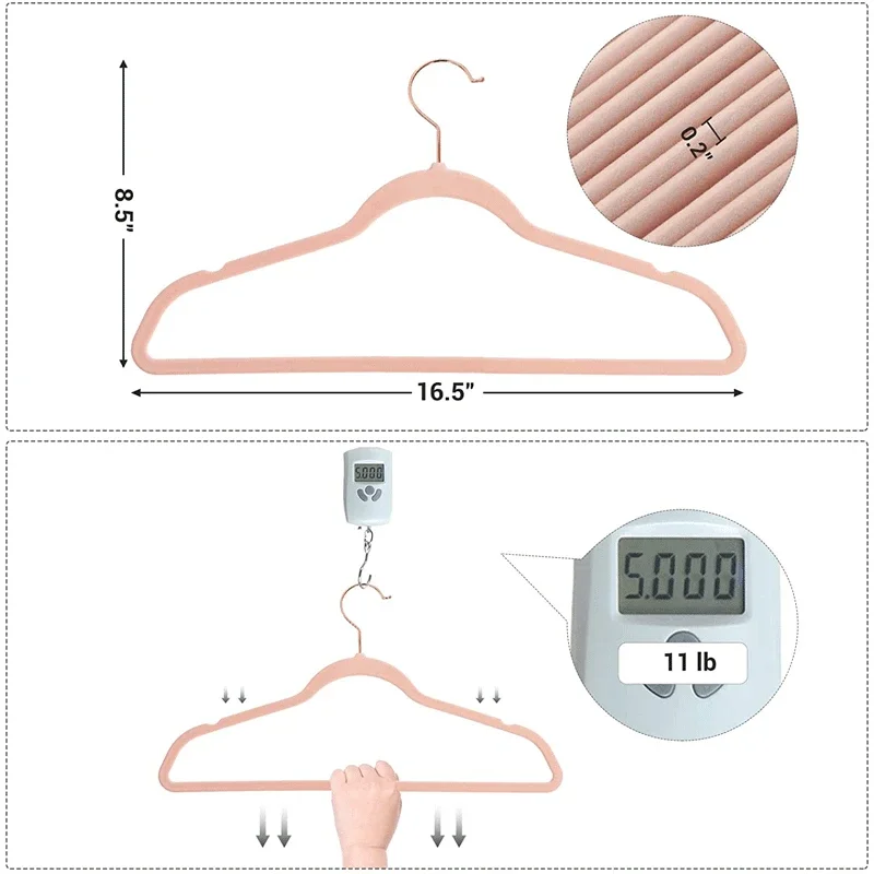 17 In Adult Rose Gold Hook Flocked Clothes Hanger, Plastic Non-slip Velvet Clothes Hanger, Drying Rack Bedroom Storage Rack.