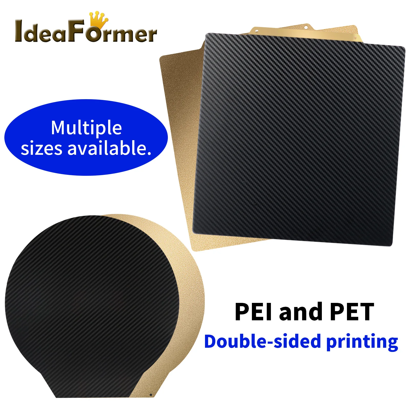 IdeaFormer Round / Square Double Sided Carbon Fiber PET+PEI Spring Steel Sheet with Magnetic Base 3D Printer Hot Heat Bed