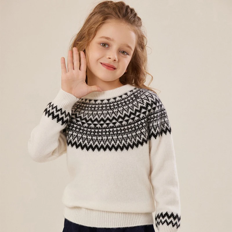 

Boys Wool Sweater Winter Thickening Teenager Childrens Warm Wool Sweater Girls Long Sleeves Sweater Kids O-neck Jacquard Sweater
