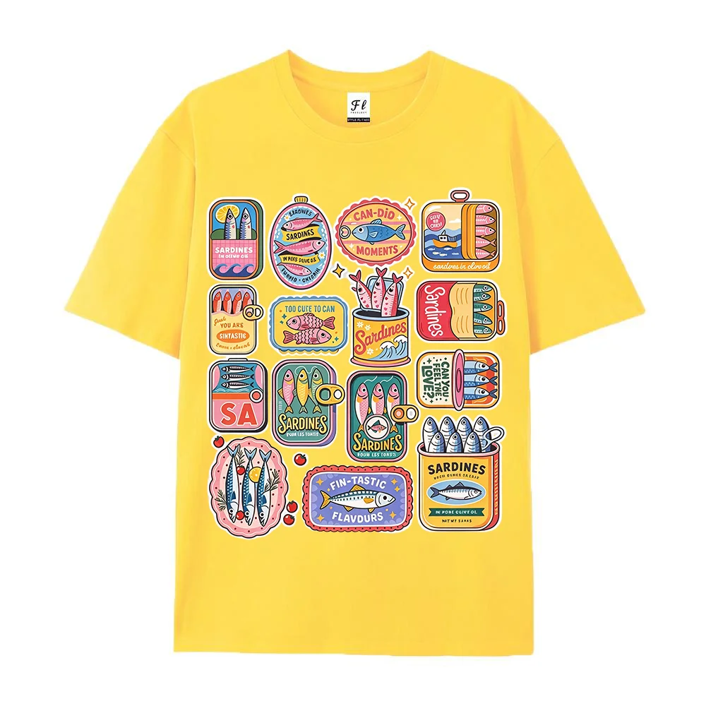 Womens Sardine Can Fish Graphic T Shirts Cute Retro Seafood Tin Collage Print Casual Short Sleeve Crew Neck Summer Top
