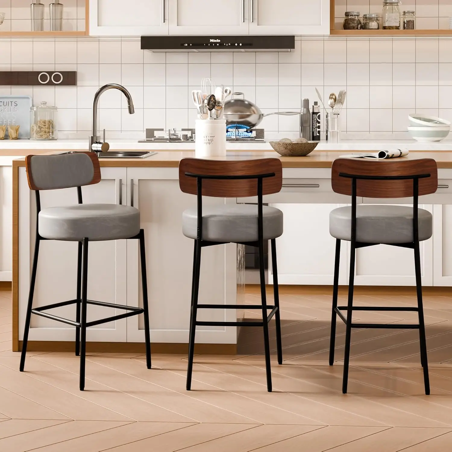 

Набор из 3 барных стульев, кожаные стулья для барной стойки высотой 24 дюйма с деревянной спинкой, современные барные стулья для барной стойки, с обивкой, на заказ