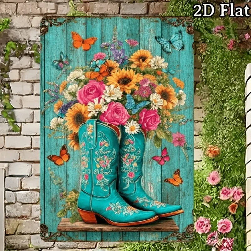 2D Flat One Piece 8x12 Inch Metal Sign Featuring Turquoise Embroidered Cowboy Boots with Wildflowers Sunflowers and Butterflies