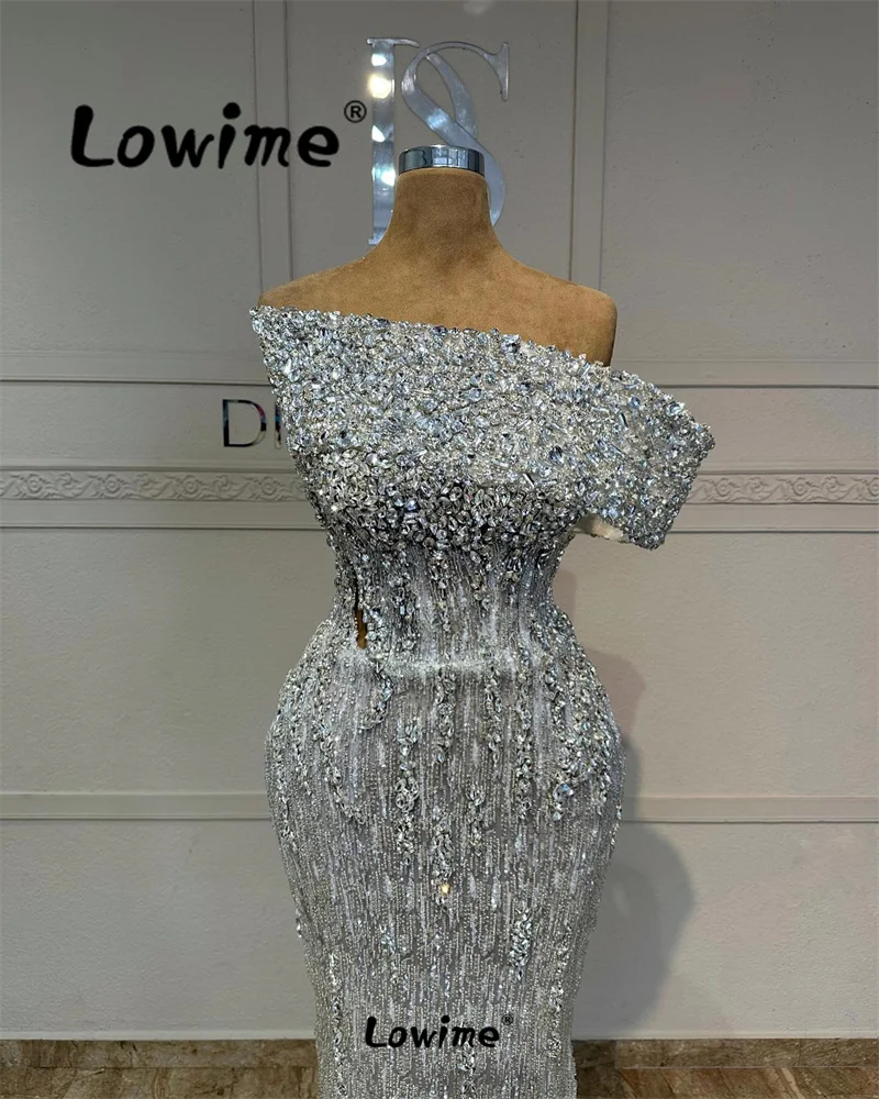 One Shoulder Silver Crystal Mermaid Women Evening Dress Aso Ebi Birthday Engagement Gowns Robe De Soiree Long Prom Dresses 2024