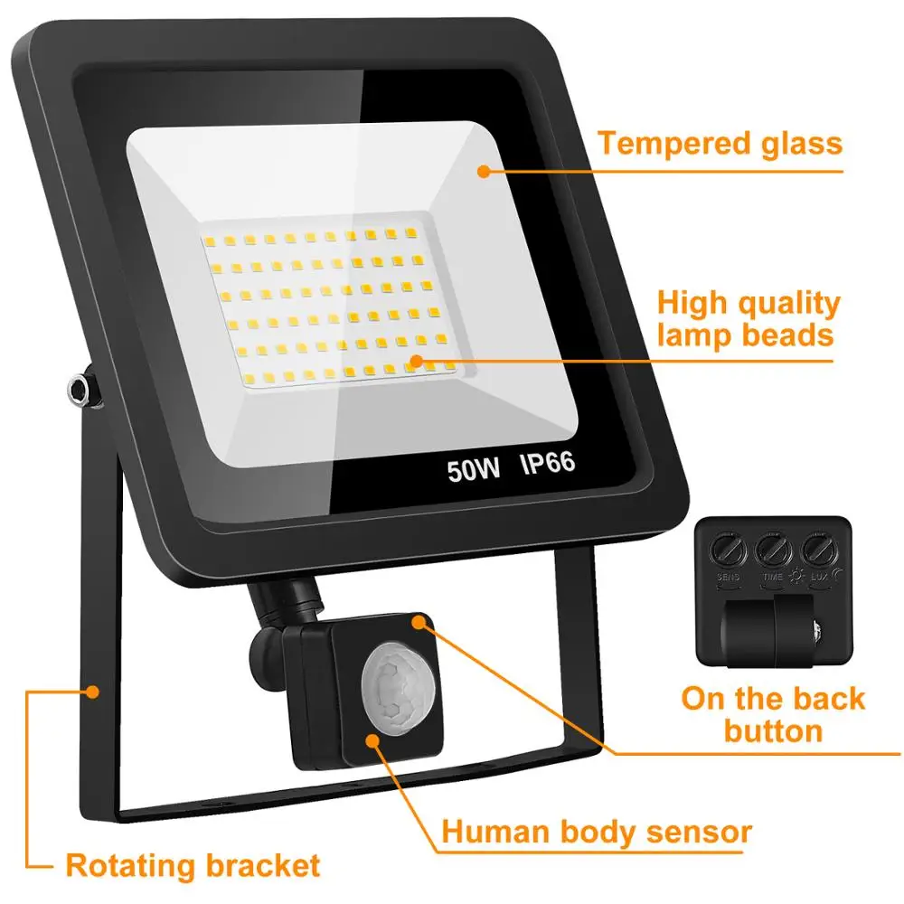 

10W 20W 30W 50W 100W Led Flood Light With Adjustable PIR Sensor SMD 2835 Floodlights Outdoor Lighting For Street Square