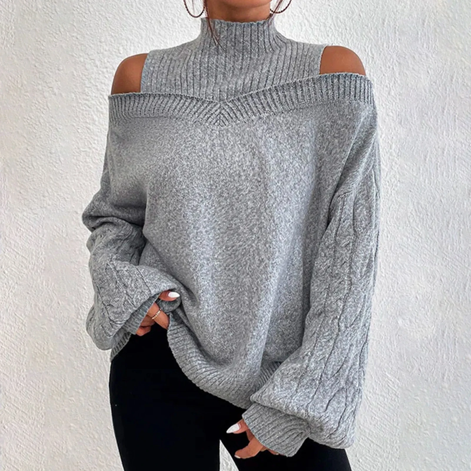 Elegant Cold Shoulder Knitted Loose Sweaters Women 2022 Autumn Winter Side Split Pullovers Streetwear Fashion Jumpers Top