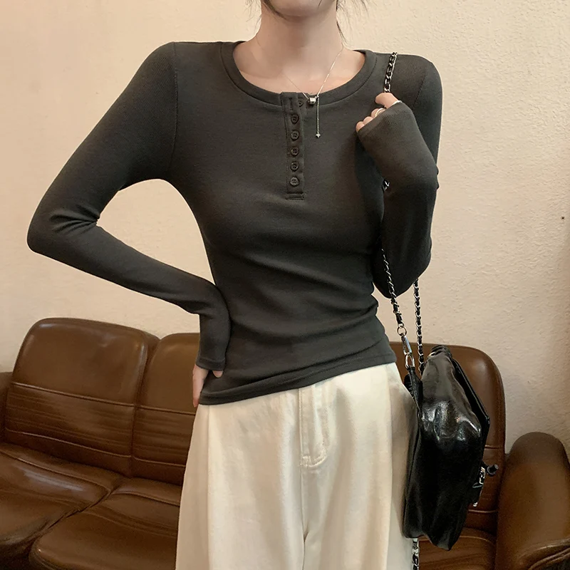 T-shirts met lange mouwen Katoen Dames Lente Gelaagde plooi Overzicht Ronde hals Ruche Student Uniform Delicaat Veelzijdig Vrouwelijk OL