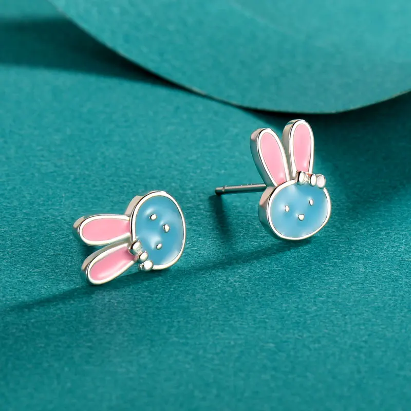 TrustDavis Real 925 Sterling Silver Cute Glaze Animal Rabbit Charm Stud Earrings For Daughter Girls Birthday Gift Jewelry DK024