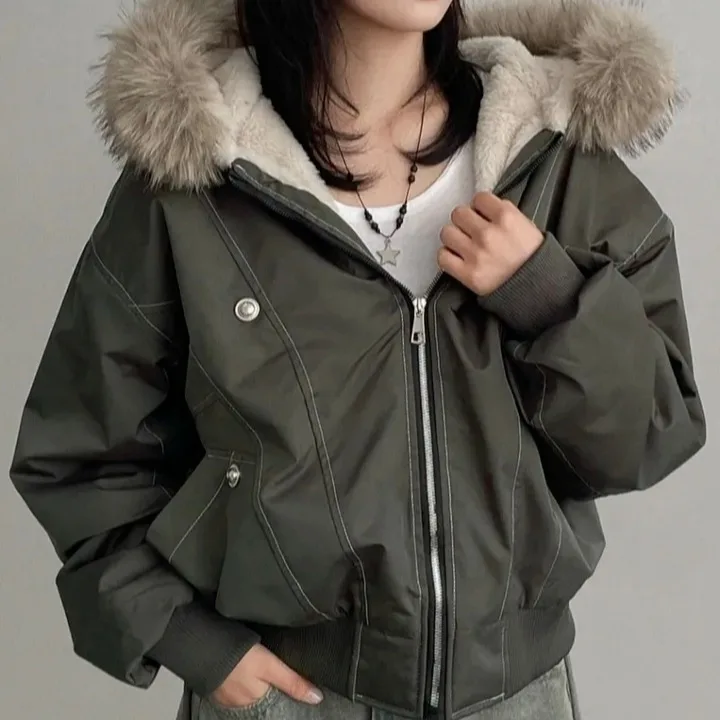 

Chic Autumn Winter Vintage Agel Faux Fur Collar Jaet Loose Workwear Coat Warm Cotton Clothes Korean Sle Straight Cut