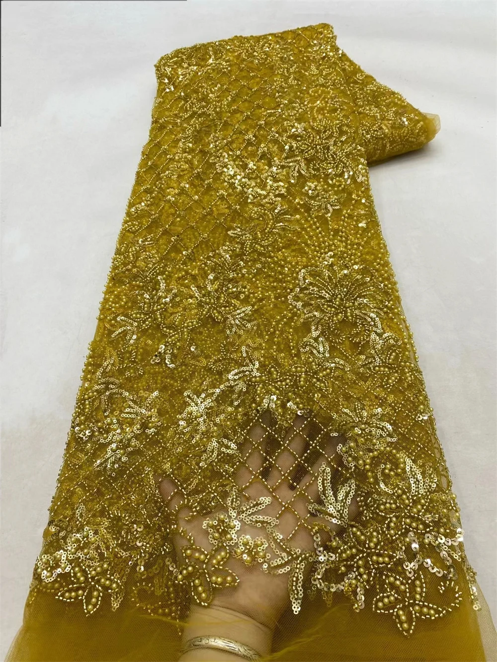 Tessuto di pizzo africano con perline 2024 oro paillettes di pizzo di alta qualità tessuti a rete di Tulle di pizzo francese per tessuti da donna per feste di matrimonio