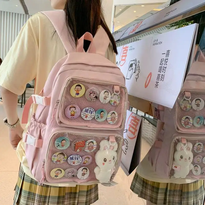 

Korean Girls Large School Pink Ita Backpack with Two Clear Pockets for Pin Display Women Big Kawaii Ita Bag with Insert Plate