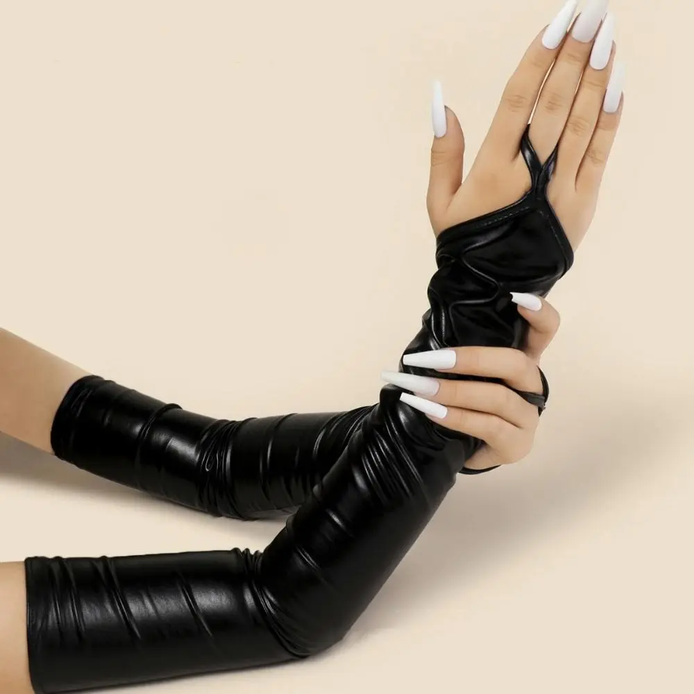 Slim Elastic Hook Finger Long Gloves Cloth Shiny Patent Leather Black Gloves Lolita Gothic Women Gloves Prom Dress