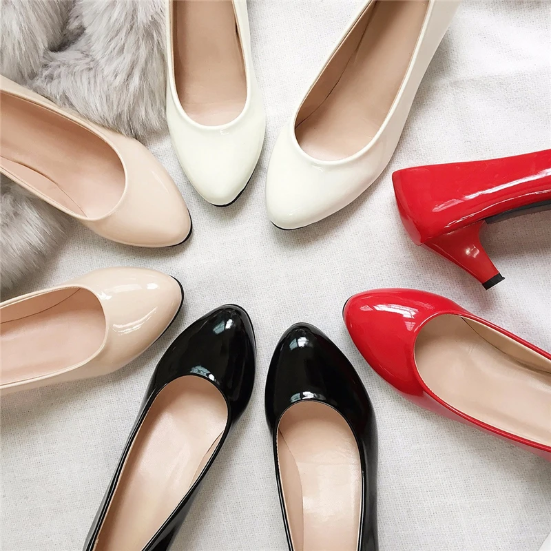 New Women\'s Shoes On Heels Elegant Medium High Heeled Ladies Pointed Toe Fashion Pumps For Woman Office Black White Red