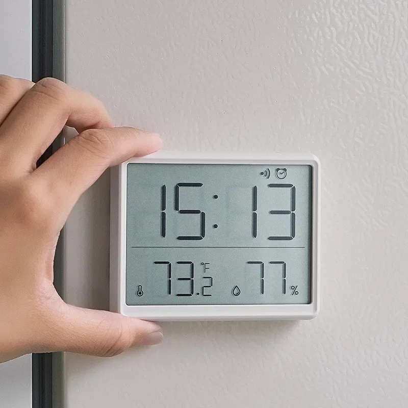 Mini despertador digital temperatura umidade horavelmente bip magnético sucção relógio de mesa 12/24h alimentado por bateria lcd relógio de parede
