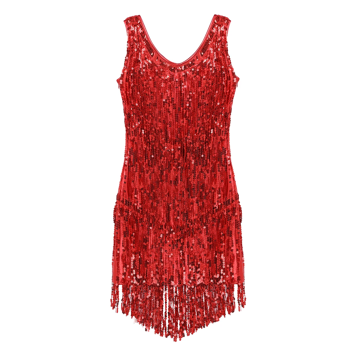 Women Latin Dance Dress Sleeveless Sequin Tassels Fringe Ballroom Samba Tango Cha Cha Stage Competition Rave Party Costume