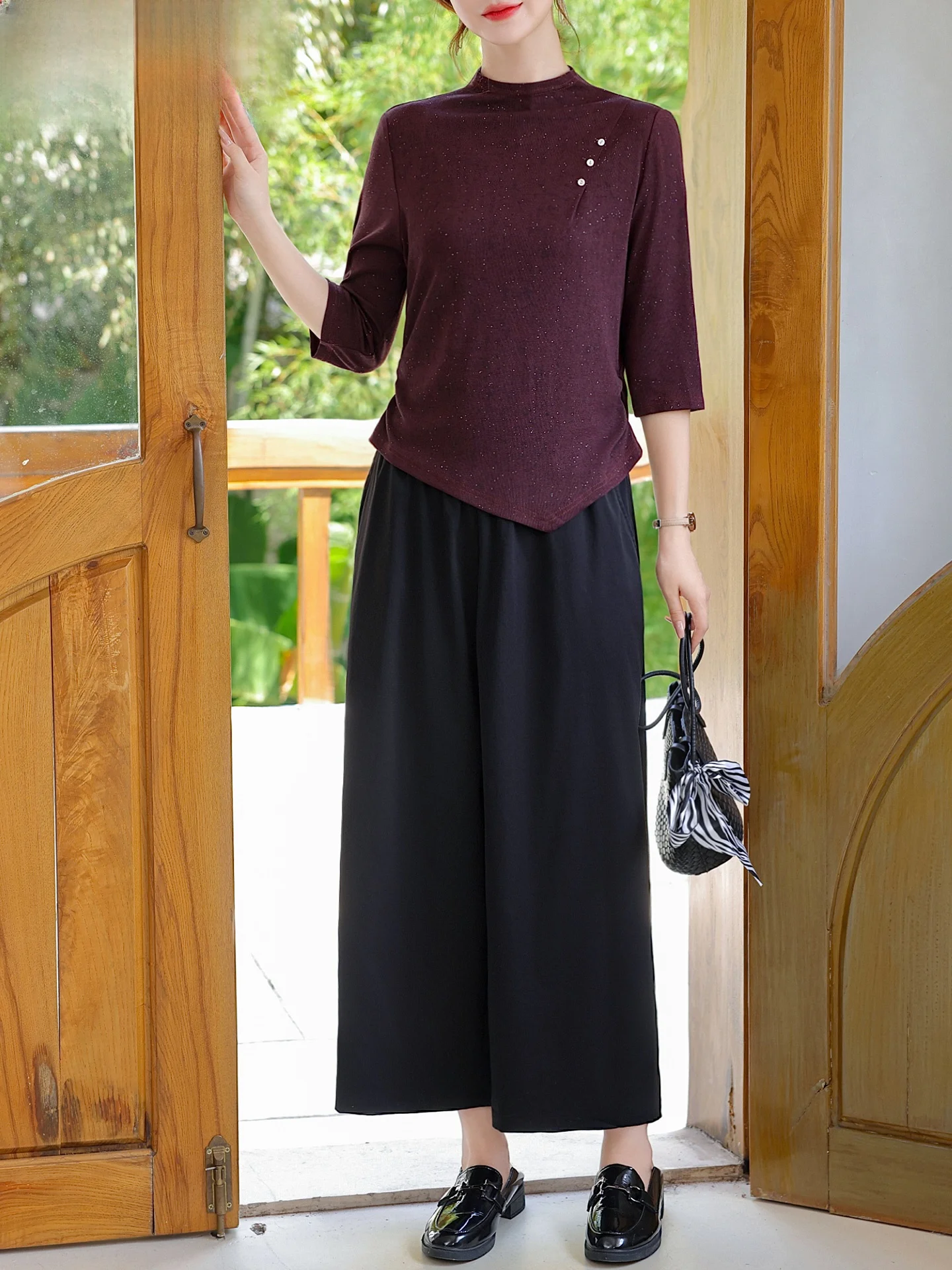 

Young Mom Autumn Outfit Set 2025 New Sle Middle-Aged Spring Autumn Top Ladylike Slimming Base irt Women Faion Loose Fit...