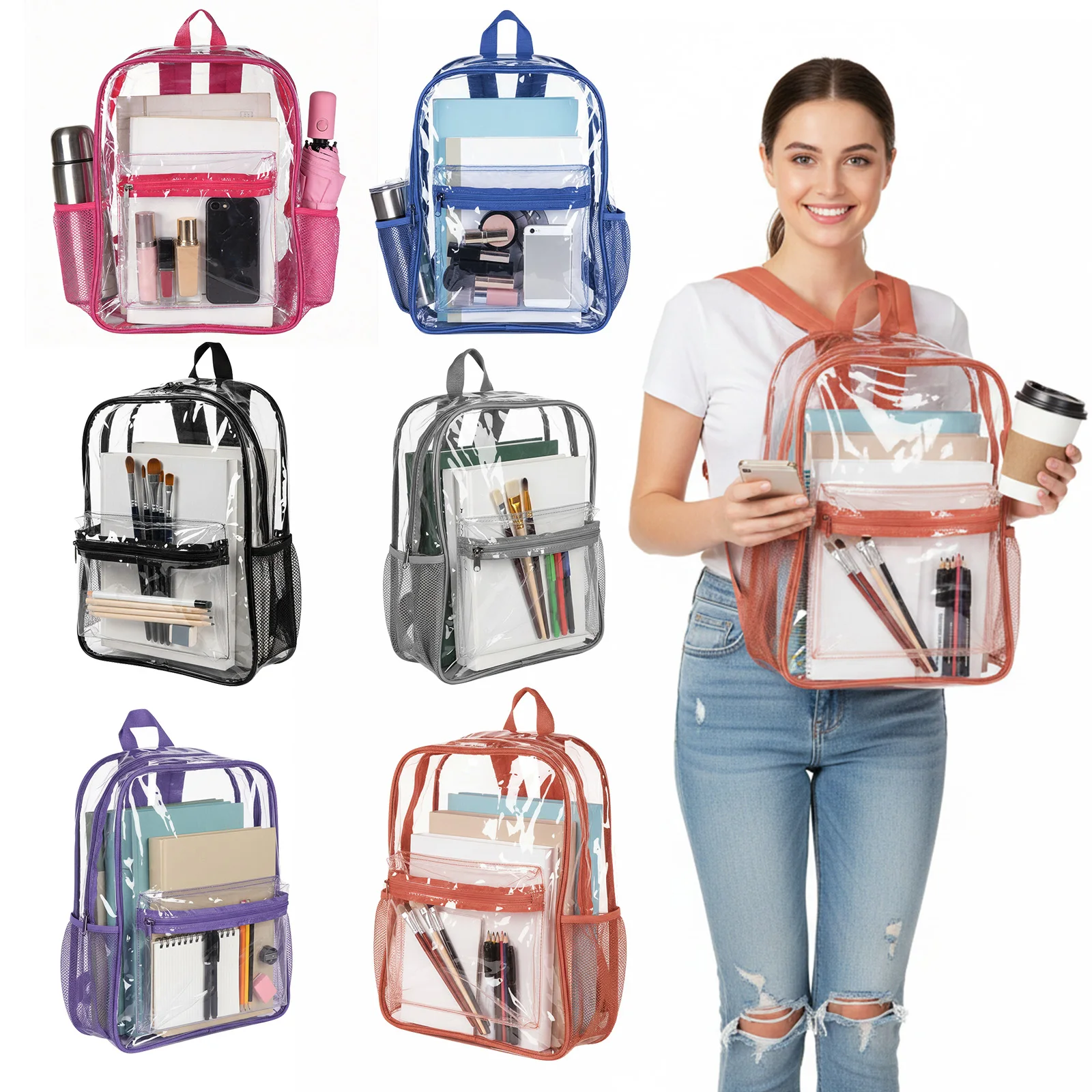 

48/72 Pack PVC Through Bags Heavy Duty See 15 Inch Clear Bookbag for College Travel Sport Work Stadium Approved