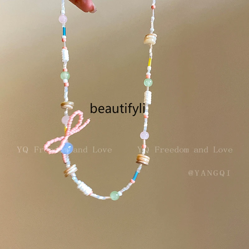 

Colorful Rice-Shaped Beads Stringed Beads Bow Necklace Accessories Female Summer Cute Niche Sweet Clavicle Chain Necklace