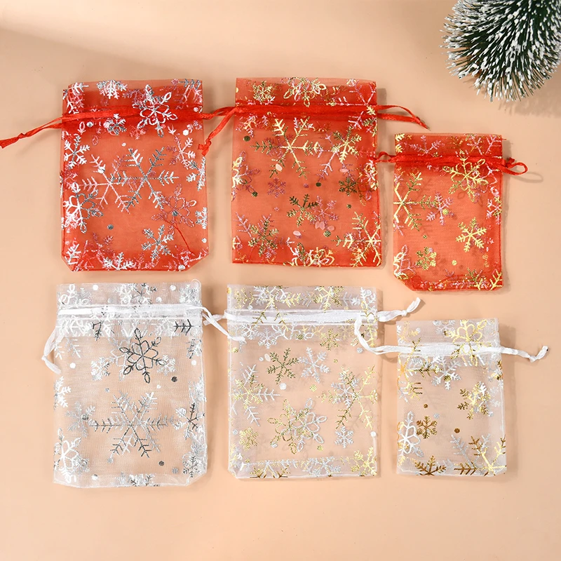 Hot Printing Organza Gift Bag Christmas Snowflake Jewelry Drawstring Bags Xmas Ball Pouches Wedding Chrismas Party Candy Package