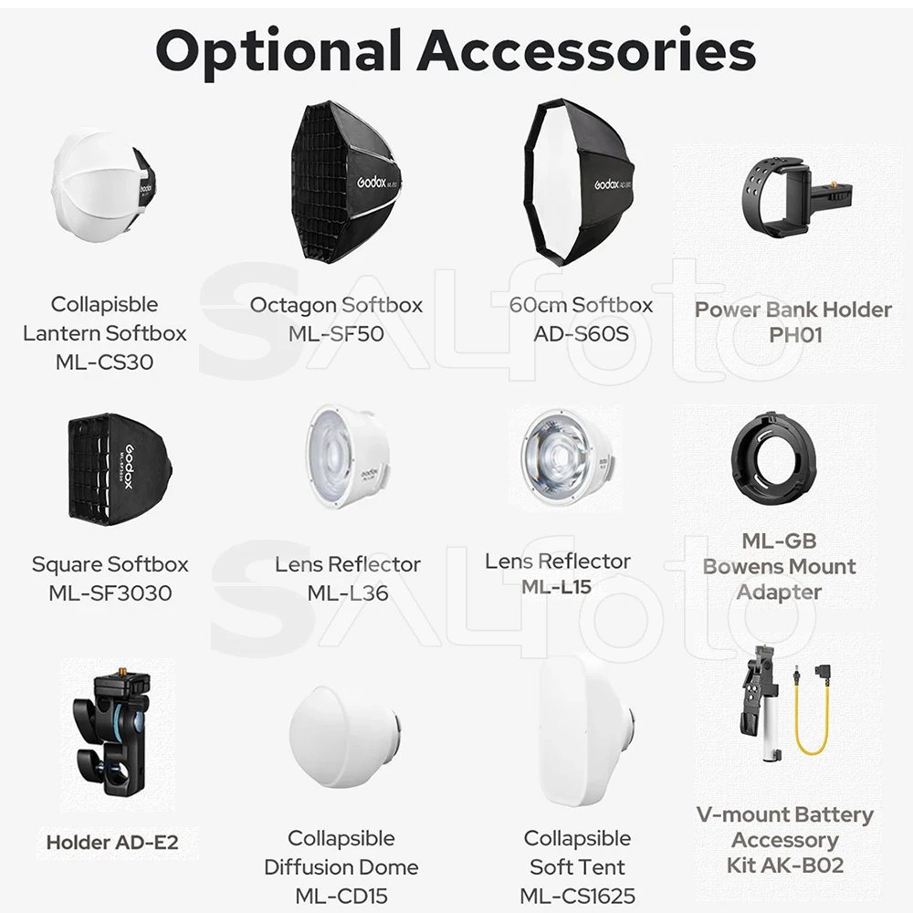 Godox ML100Bi ML100R Light Accessory ML-CS30 ML-SF50 Softbox PH01 Power Bank Holder ML-GB Bowens Mount Adapter Lens Reflector