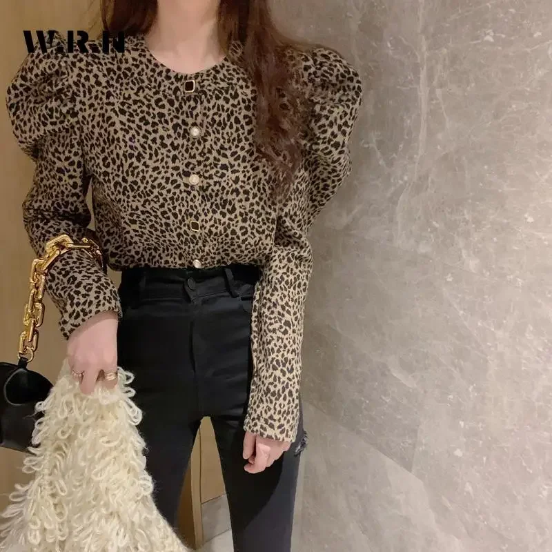 American Retro Leopard Print Round Neck Sheath Blouses 2024 Autumn Women's Casual Street Punk Long Sleeve Slim Sexy Shirts Top