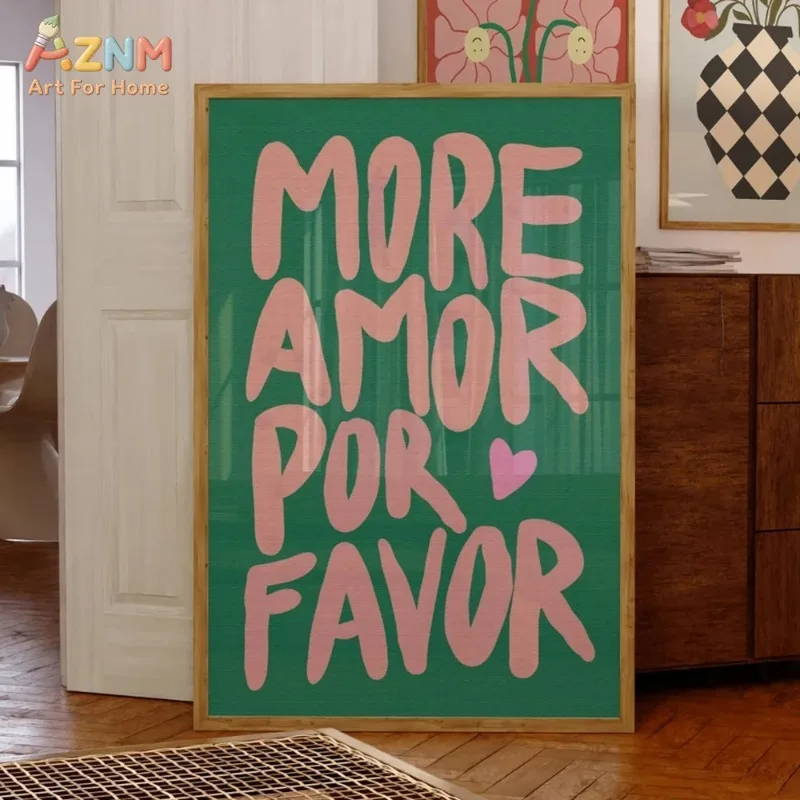 Green Background Spanish Quote Wall Print More Love Please Typography Poster Retro Bedroom Living Room Home Decor Unframed