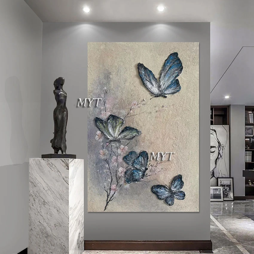لوحات تجريدية، صورة مصنوعة يدويًا على شكل زهور الفراشة، جدار فني، بدون إطار، أكريليك سميك الملمس، عمل فني قماشي تجريدي