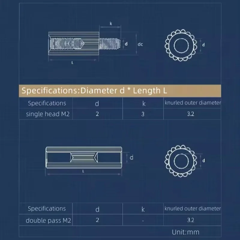 Messing M2 Gewinde-Abstandshalter, gerändelte runde Säule zur Unterstützung von Leiterplatten. – Detail 1