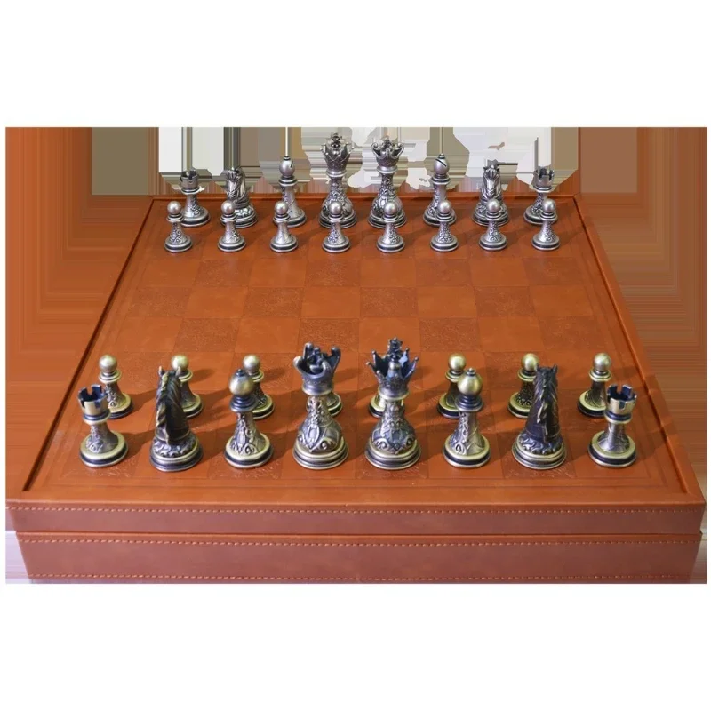 Chess, high-end leather chessboard chess box integrated, alloy silver-plated chess pieces