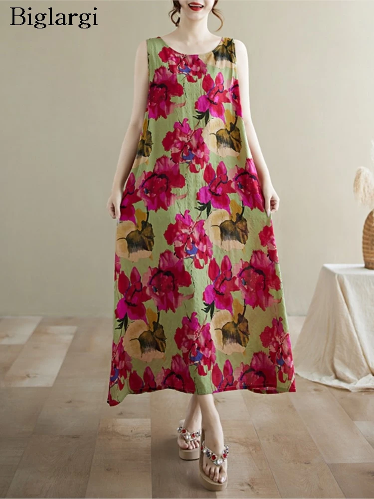 ขนาดใหญ่ฤดูร้อนแขนกุด A-Line ชุดผู้หญิงดอกไม้พิมพ์ดอกไม้แฟชั่นหลวมสบายๆสุภาพสตรีชุด Ruffle ชุดผู้หญิง