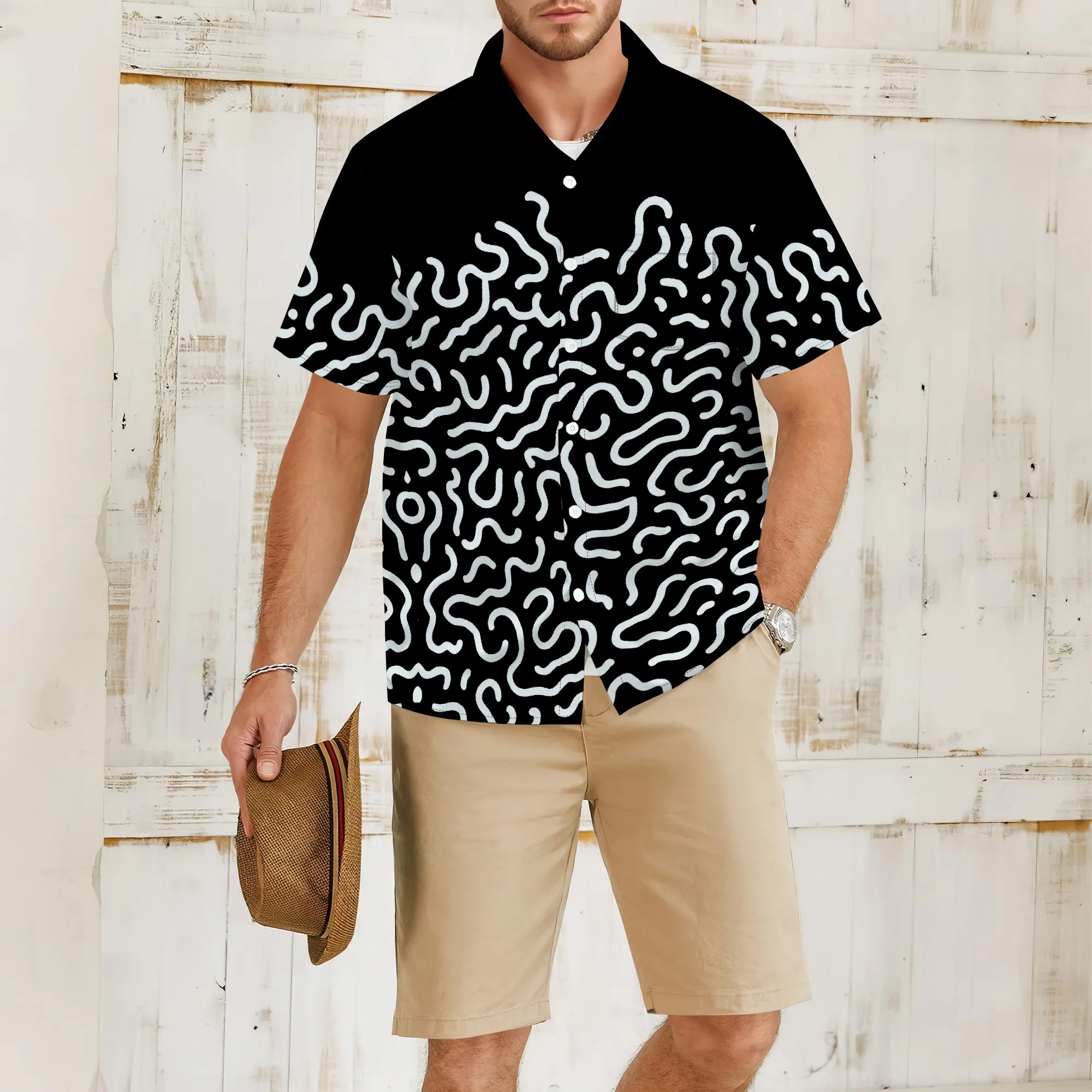 

YEAE Мужская серая рубашка с геометрическим рисунком из 100% хлопка с коротким рукавом, повседневная летняя шикарная рубашка для отпуска