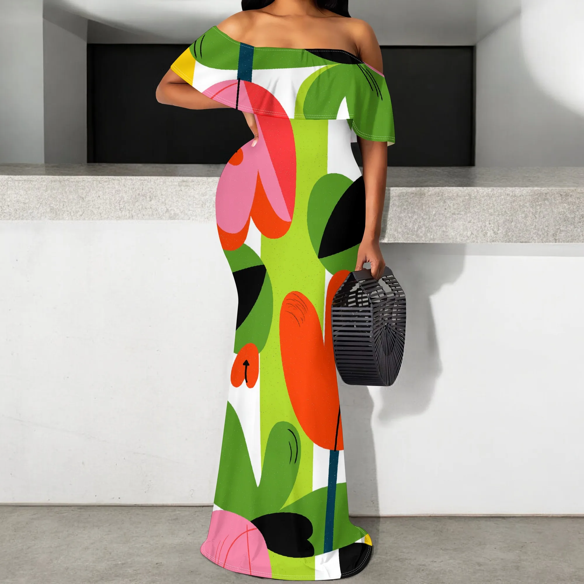 

Women's Off Shoulder Maxi Dress Pop Art Abstract Floral Print Bodycon Mermaid Gown Ruffle Party Evening Vacation Dress S-3XL