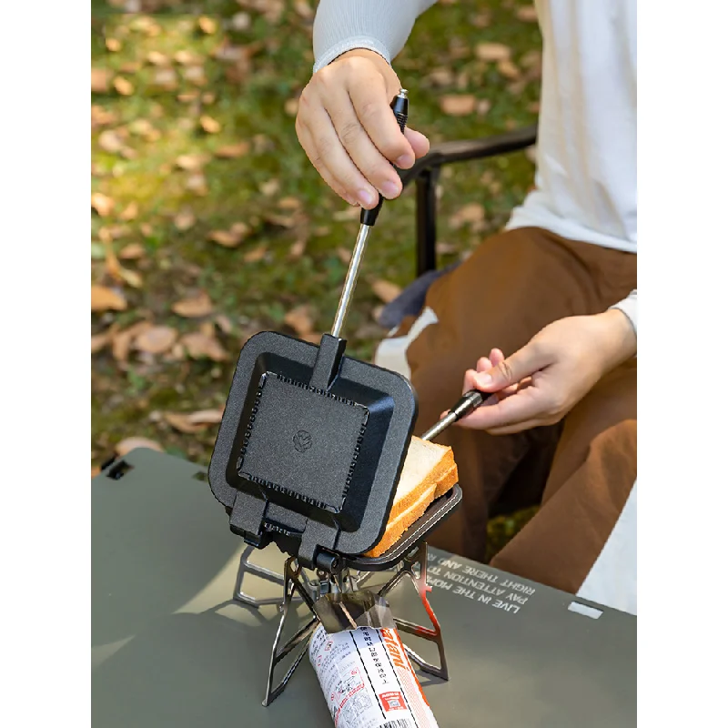 black-frying-pan-non-stick-pan-camping-picnic-portable-toaster-bread-holder-storage-bag-solid-wood-dinner-plate-spork