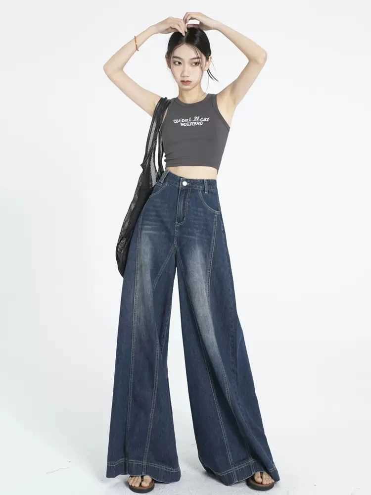 REDDACHiC Women Loose Casual Flare Jeans Elephant Bell Bottoms Low Waist Wide Leg Pants Patchwork Blue Trousers Vintage Clothes