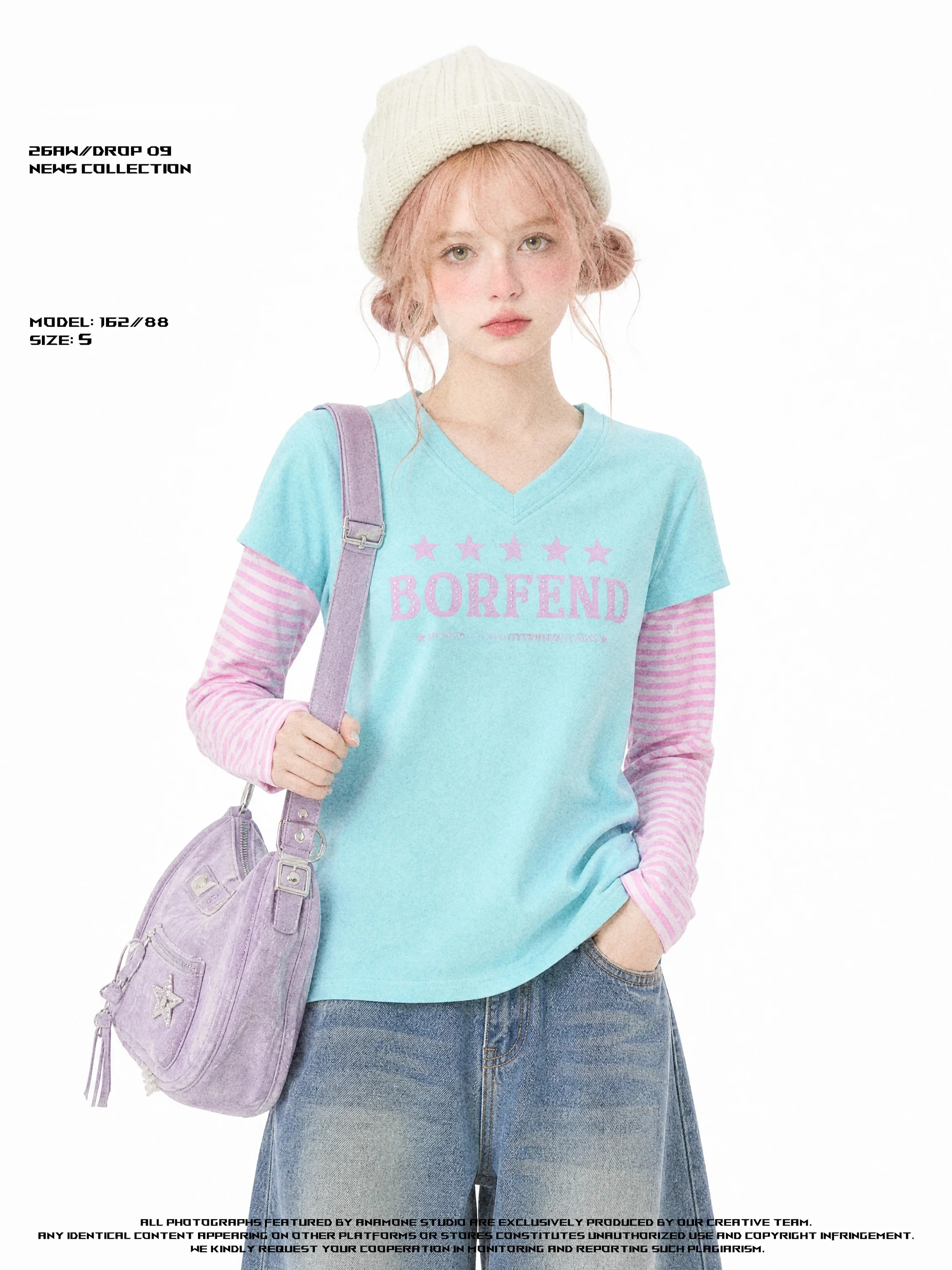 ANAMONE Y2K Millennium Vintage Star Striped Fake Two-Piece V-Neck Long Sleeve Women's T-Shirt Slim Fit Shoulder Sweet Style
