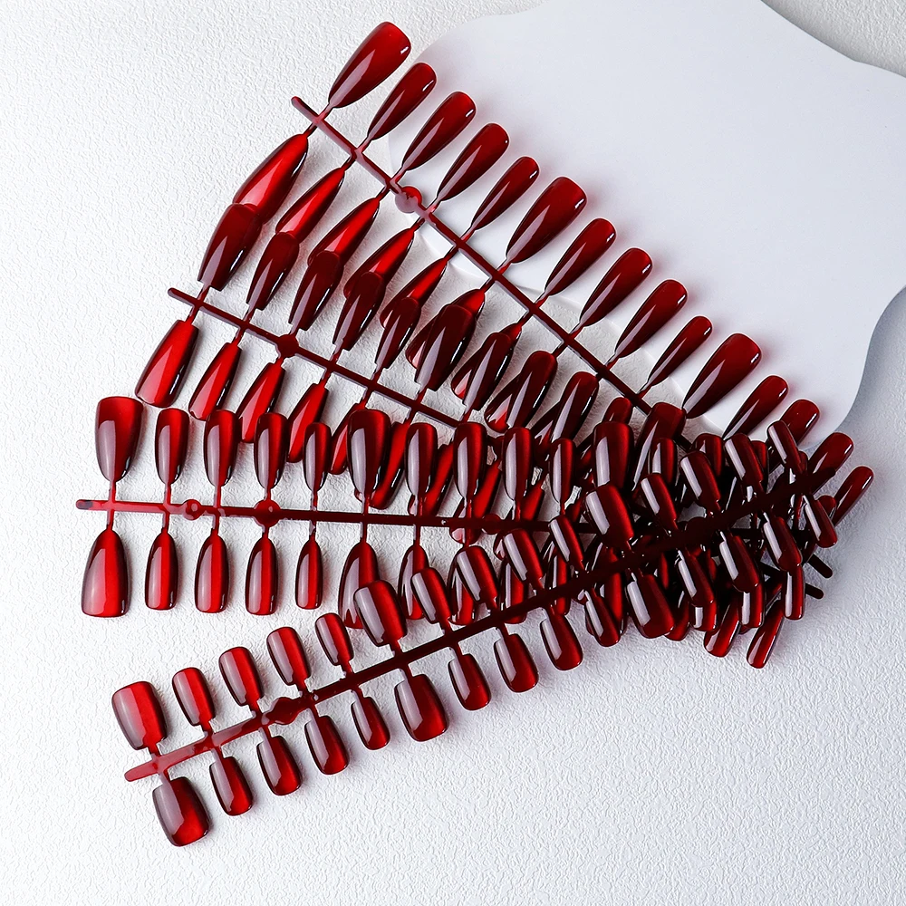 30 pcs Red Magnet Cat Eye Fake Nails Almond Long Coffin Glossy False Nails Square Fake Nails Reusable Full Cover Nail Tips