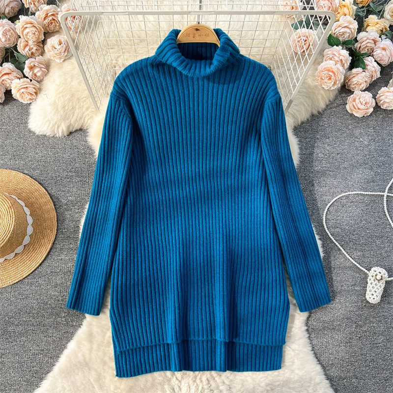 Vintage Turtleneck Knitted Sweater Women Korean Jumper Fashion Split Hem Loose Casual Long Sleeve Ladies Knitwear Pullover Tops