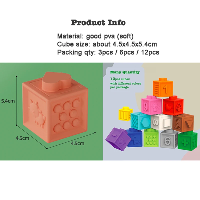 Baby Soft Rubber Cube Puzzle Montessori Toddlers Touch Early Education Squeeze Stacker Relief Blocks Toy Children Bath Toys