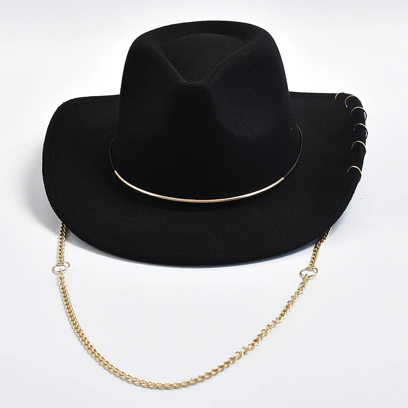 Retro Fedora Hats for Women Men Metal Chain Decor Felt Jazz Hats Curved Brim Western Cowboy Hat Sombrero Hombre